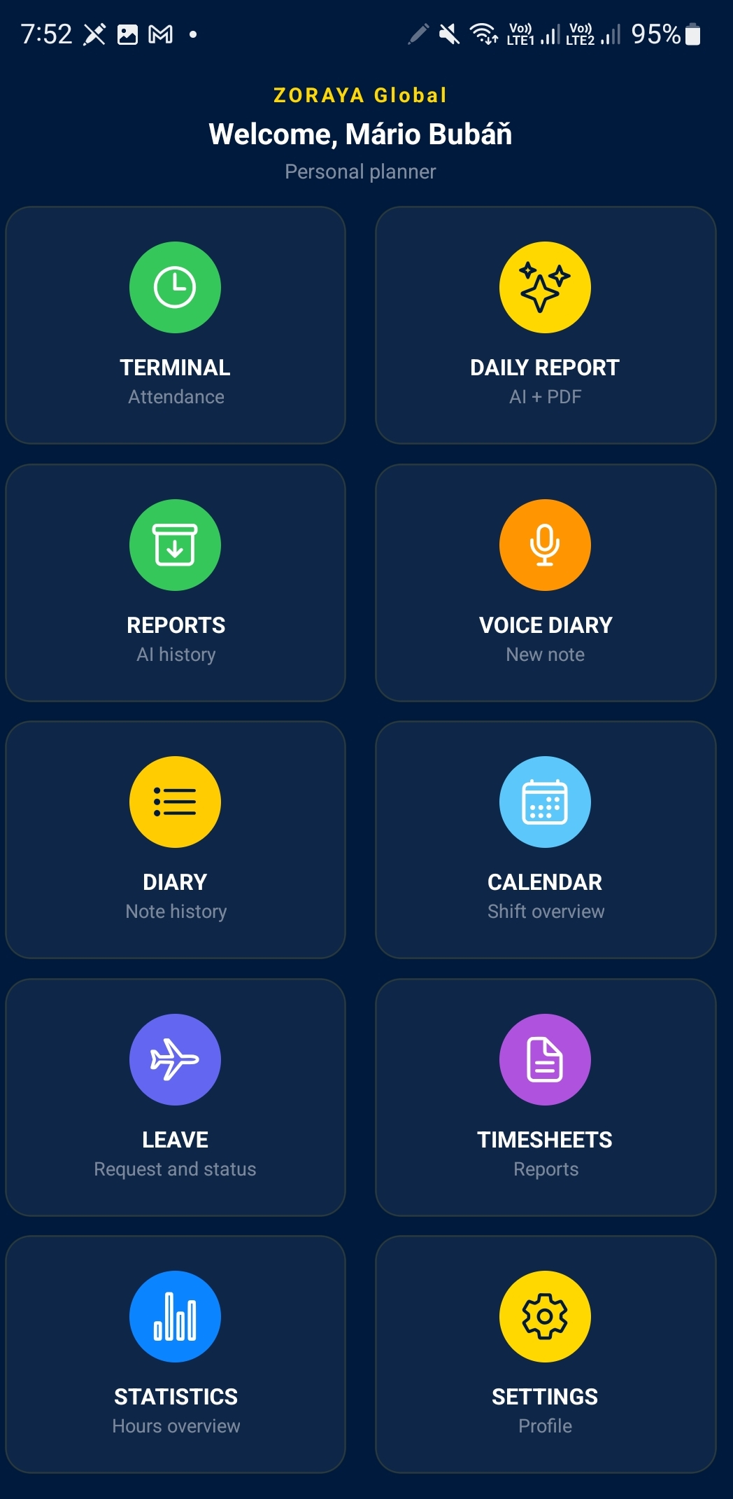 ZORAYA attendance mobile home screen